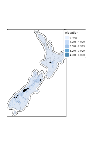 A map of New Zealand featuring regional borders, elevation gradient, and indicating the highest points with dots.