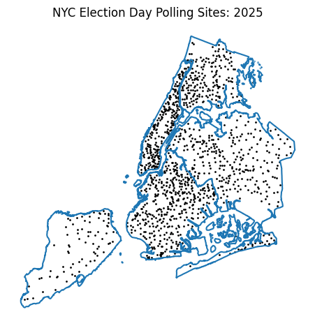 A map of New York City with 2025 Election Day polling places marked as points.