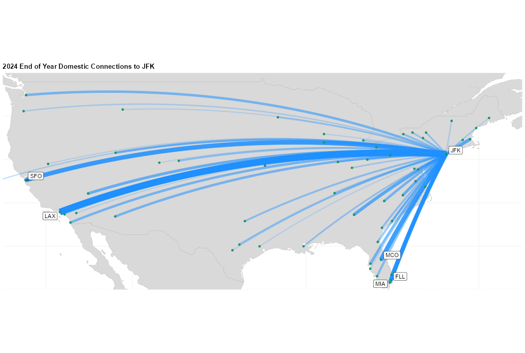 Map of the United States of America with flights connecting through JFK drawn as arcs.