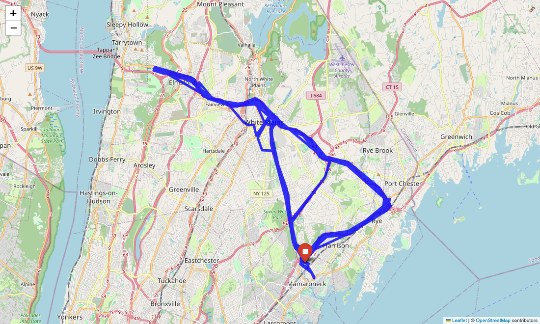 A street map focused on New York State with routes drawn in blue.
